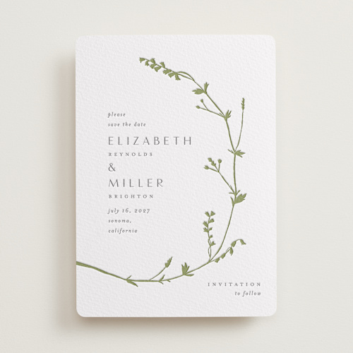 This is a pistachio save the date with letterpress by Amy Kross called vine wrap printing on somerset500 in standard