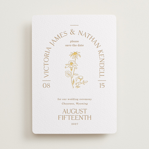 This is a dandelion save the date with letterpress by Baumbirdy called floral type arch printing on somerset500 in standard