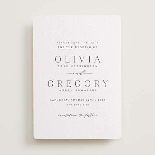 This is a soft black save the date with letterpress by Hooray Creative called classy type printing on somerset500 in 5x7