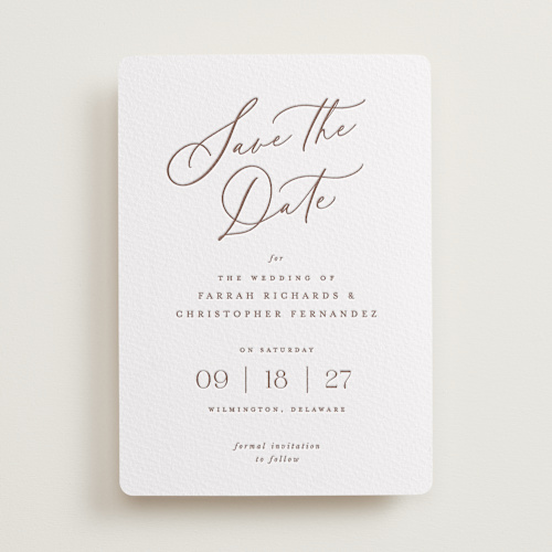 This is a burnt sienna save the date with letterpress by Hooray Creative called beautifully scripted printing on somerset500 in standard