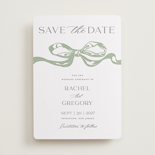 This is a mint save the date with letterpress by Teju Reval called big bow printing on somerset500 in standard