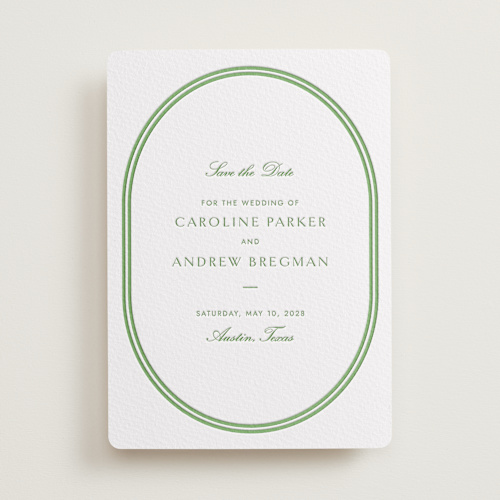 This is a pear save the date with letterpress by Megan Davis called bocce printing on somerset500 in standard