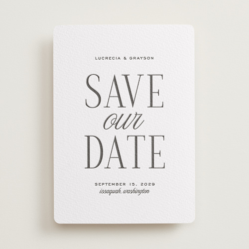 This is a soft black save the date with letterpress by Kamala Nahas called grayson printing on somerset500 in standard