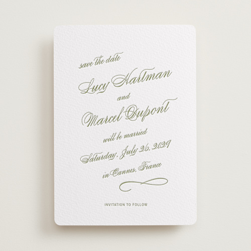 This is a pistachio save the date with letterpress by Ani Somi called love in the afternoon printing on somerset500 in standard