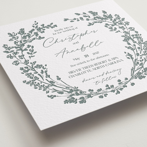 This is a stone letterpress wedding invitations with letterpress by Justyna Zawadzka called whimsy blooms printing on somerset500 in standard