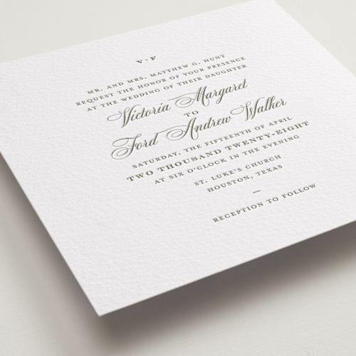 This is a moss letterpress wedding invitations with letterpress by Megan Davis called putnam printing on somerset500 in standard