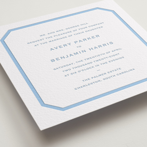 This is a sky blue letterpress wedding invitations with letterpress by Megan Davis called danbury printing on somerset500 in standard