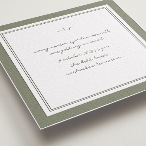 This is a moss letterpress wedding invitations with letterpress by Brittney Jensen called the verdure suite printing on somerset500 in standard