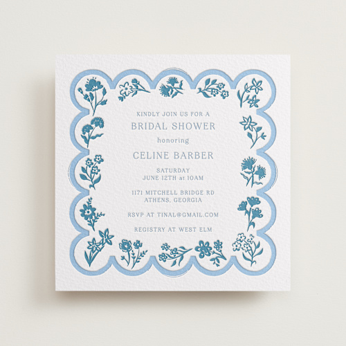 This is a sky blue bridal shower invitations with letterpress by Hannah Bowman called petite jolie printing on somerset500 in standard