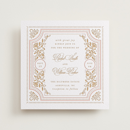 This is a faux gold letterpress wedding invitations with letterpress by Mansi Verma called ornate frame printing on somerset500 in standard