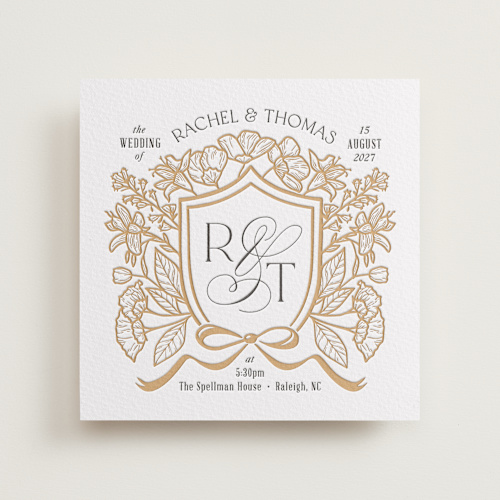 This is a faux gold letterpress wedding invitations with letterpress by Pink House Press called spellbound printing on somerset500 in standard