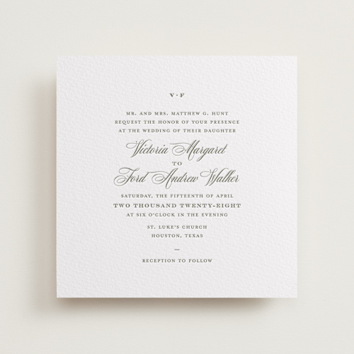 This is a moss letterpress wedding invitations with letterpress by Megan Davis called putnam printing on somerset500 in standard