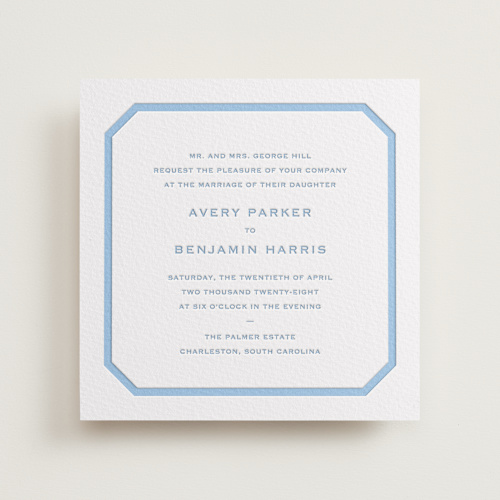 This is a sky blue letterpress wedding invitations with letterpress by Megan Davis called danbury printing on somerset500 in standard