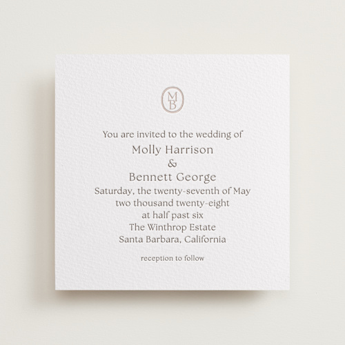 This is a coffee letterpress wedding invitations with letterpress by Megan Davis called perriand printing on somerset500 in standard