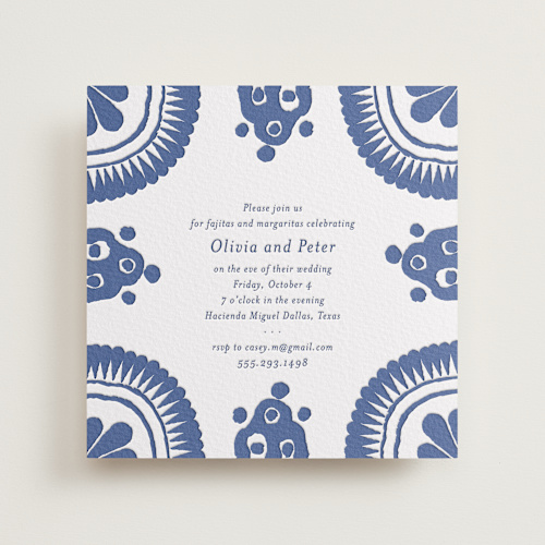 This is a lapis rehearsal dinner invitations with letterpress by Lagniappe Paper called talavera printing on somerset500 in standard
