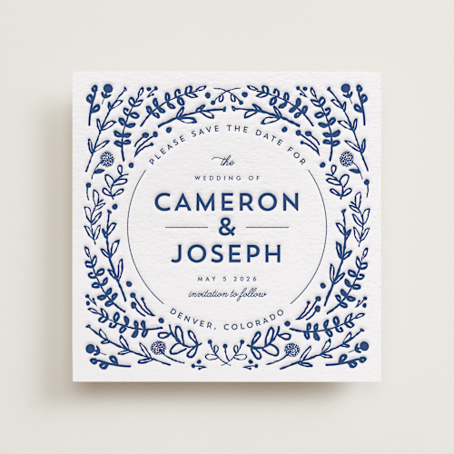 This is a lapis save the date with letterpress by Lori Wemple called floral frame square letterpress printing on coventry320 in standard