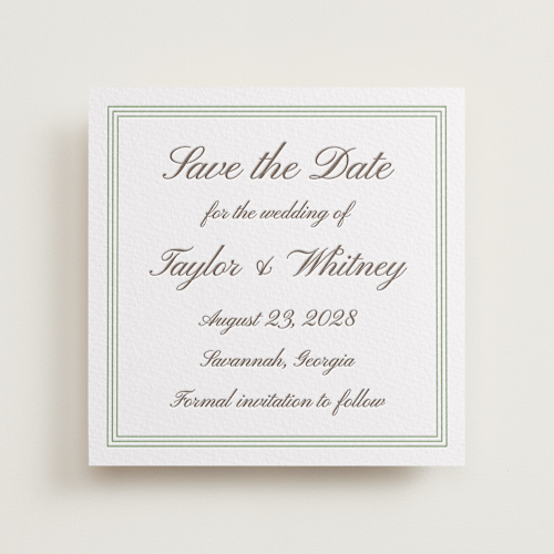 This is a coffee save the date with letterpress by Cass Loh called love in script printing on somerset500 in standard