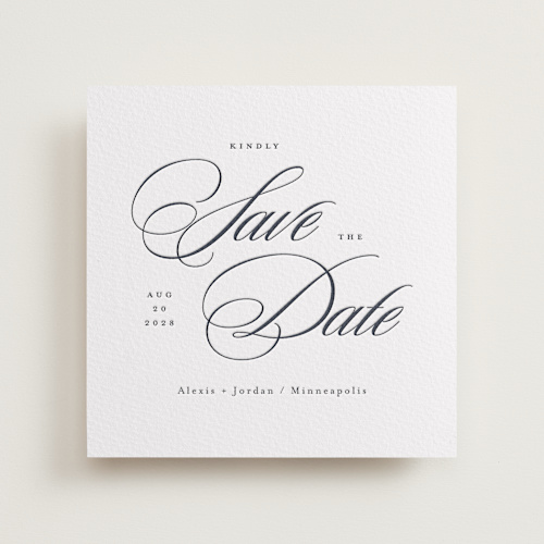 This is a soft black save the date with letterpress by Michelle Taylor called square script printing on somerset500 in standard