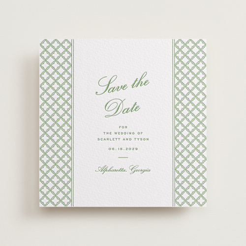 This is a pear save the date with letterpress by Angela Garrick called garden trellis printing on somerset500 in standard