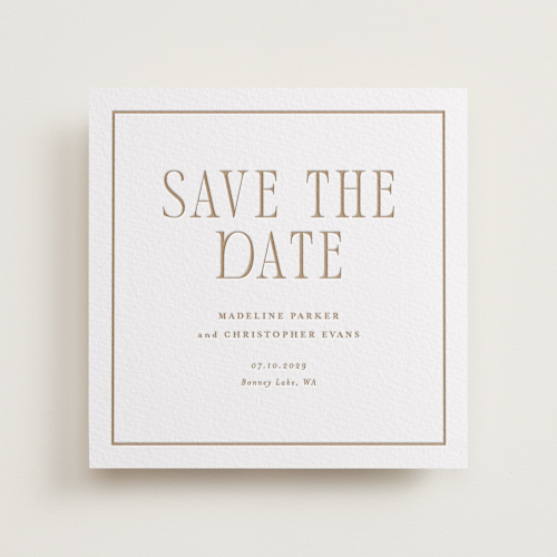 This is a matte gold save the date with letterpress by Angela Garrick called parker printing on somerset500 in standard