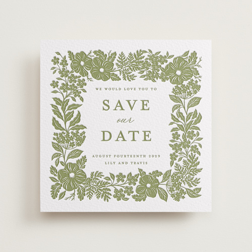This is a pistachio save the date with letterpress by Sarah Knight called ethereal gardens printing on somerset500 in standard