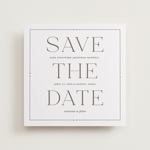 This is a coffee save the date with letterpress by Oscar and Emma - Karly Depew called quiet luxury printing on somerset500 in standard
