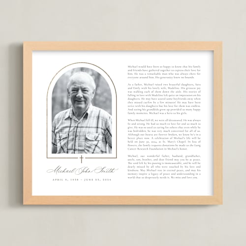 This is a white foil pressed memorial obituary prints by Sarah Brown called crossed arch obituary print
