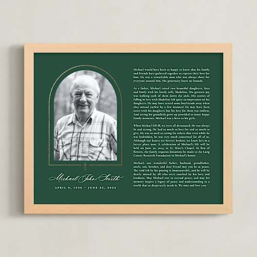 This is a forest foil pressed memorial obituary prints by Sarah Brown called crossed arch obituary print