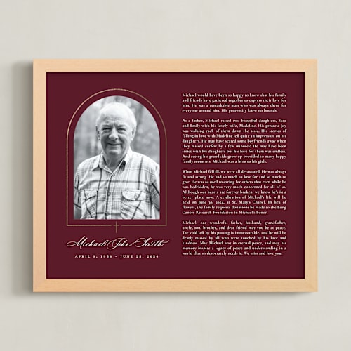 This is a wine foil pressed memorial obituary prints by Sarah Brown called crossed arch obituary print