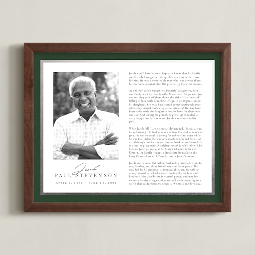 This is a forest foil pressed memorial obituary prints by Nicole Walsh called classic edge