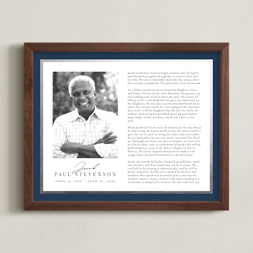 This is a navy foil pressed memorial obituary prints by Nicole Walsh called classic edge