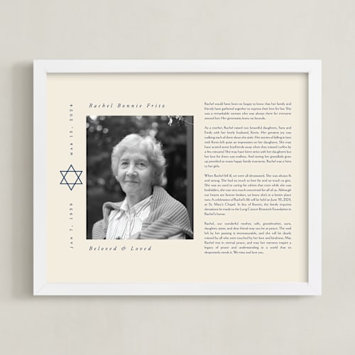 This is a cream memorial obituary prints by Ana de Sousa called modern star of david obituary print