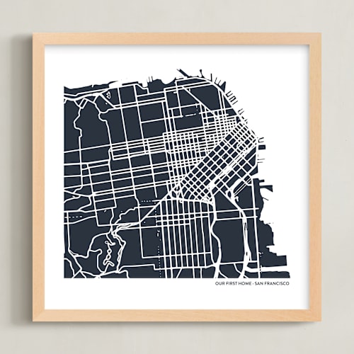 This is a midnight blue custom map printing by Minted called filled map: custom print