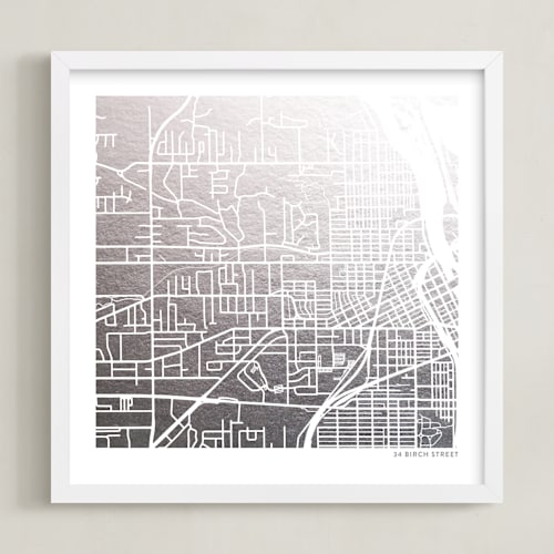 This is a silver custom map printing by Minted called custom map filled foil art