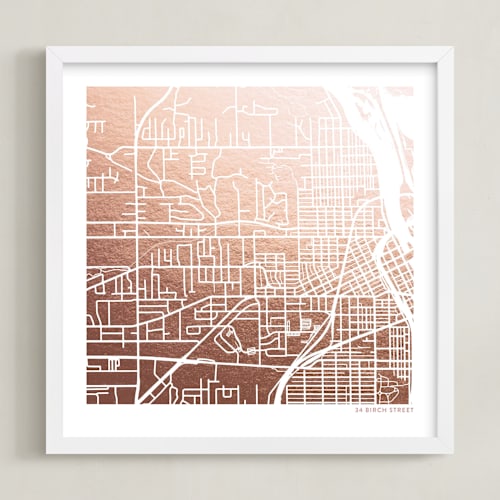 This is a rose gold custom map printing by Minted called custom map filled foil art