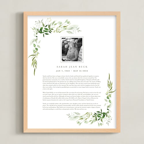 This is a white memorial obituary prints with standard by Leah Bisch called verdure obituary print
