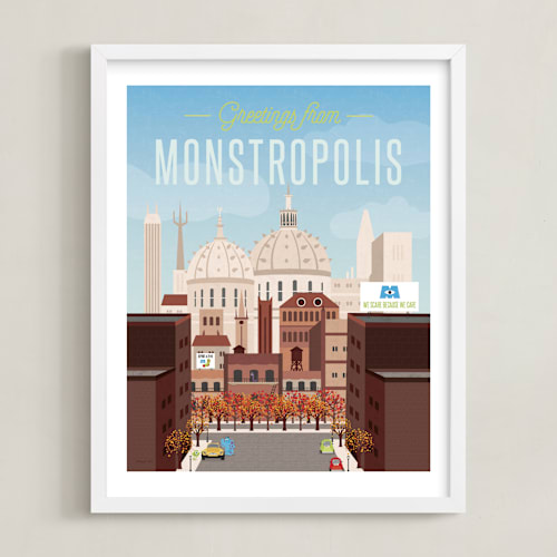 This is a sky blue disney art by Erica Krystek called greetings from monstropolis