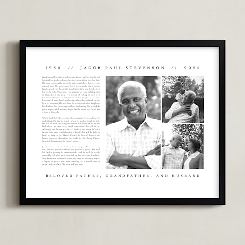 This is a white memorial obituary prints with standard by Jennifer Postorino called minimalist obituary print