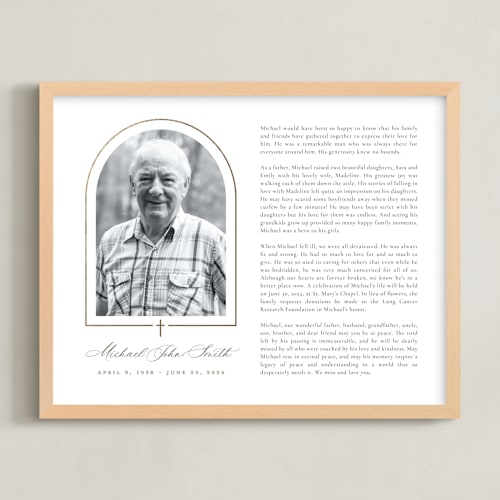This is a white foil pressed memorial obituary prints with foil pressed by Sarah Brown called crossed arch obituary print