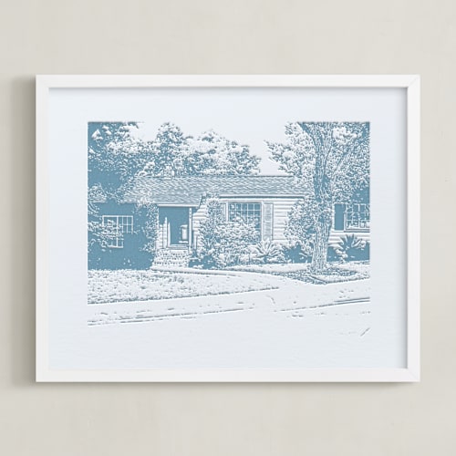 This is a dusk blue home wall art with letterpress by Minted called custom house letterpress portrait art