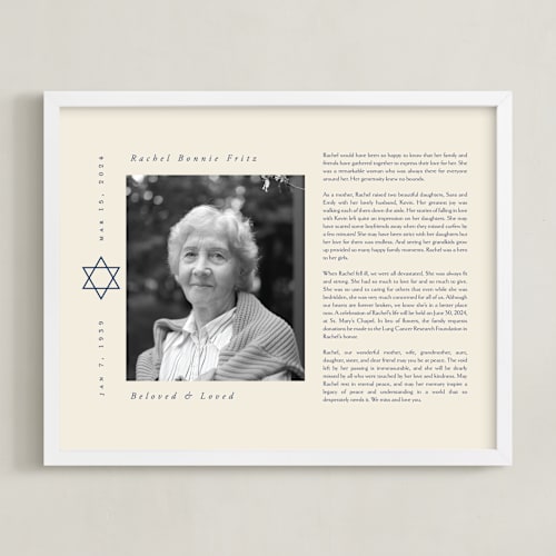 This is a cream memorial obituary prints with standard by Ana de Sousa called modern star of david obituary print