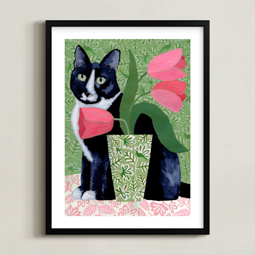 This is a dusty green kids wall art with standard by Susan Black called tuxedo cat barry with pink tulips
