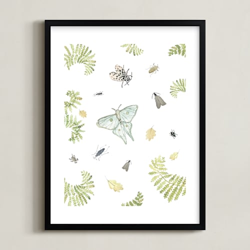 This is a tranquil blue kids wall art by Hallie Fischer called woodland moths and insects