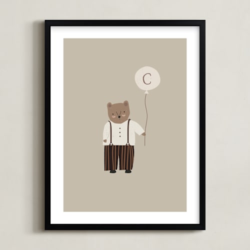 This is a tan nursery wall art with standard by Angela Thompson called balloon bear