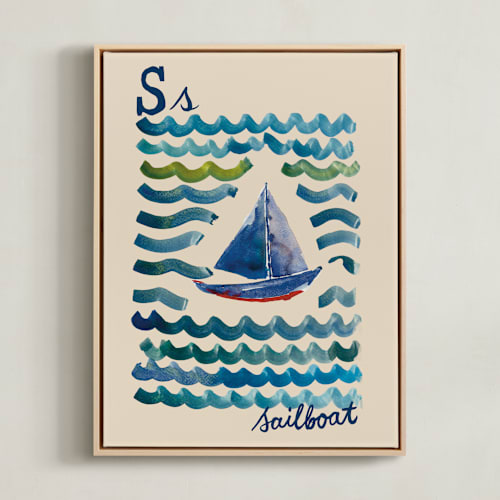 This is a ocean blue kids wall art with standard by Samantha Tang called s for sailboat