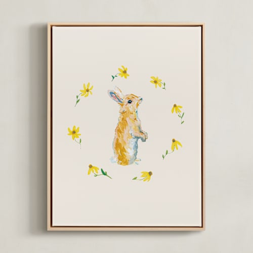 This is a velvet beige nursery wall art with standard by Hannah Beimborn called garden bunnies 2