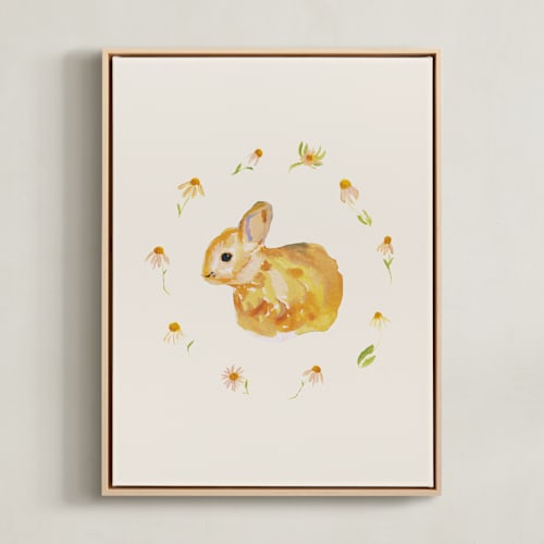 This is a velvet beige nursery wall art with standard by Hannah Beimborn called garden bunnies 3