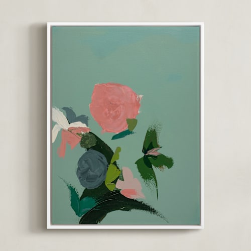 This is a dark mint green art by Caryn Owen called pink and green garden abstract