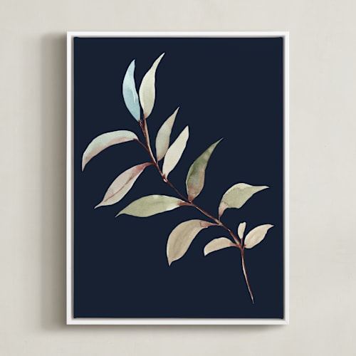This is a navy blue art with standard by Nika Martinez called botanical leaves in blue i