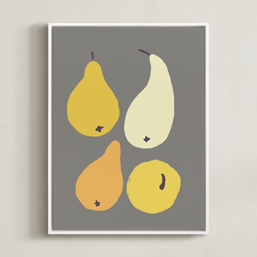 This is a grey card yellow fruit art by Sonya Percival called still-life with four pears